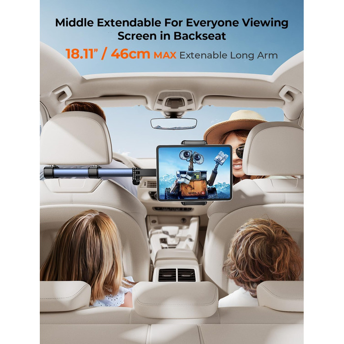 Тримач для планшету TRYONE в авто: кріплення на підголівник, 46 см, 3-в-1, для дітей, сумісний з iPad, Samsung Tab, Switch, телефонами (4.7-13 дюймів)