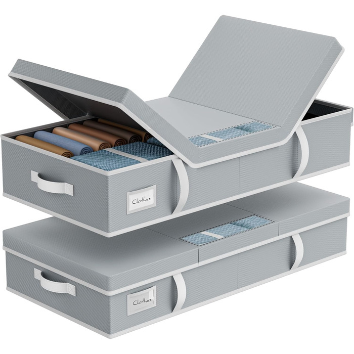 Комод під ліжко LAMU 2 шт., ящик для зберігання під ліжко з кришкою, великий, складний, сумка для зберігання одягу з віконцем та 4 ручками для ковдр, одягу, взуття, сірий, 80x40x15 см, 48 л, сірий