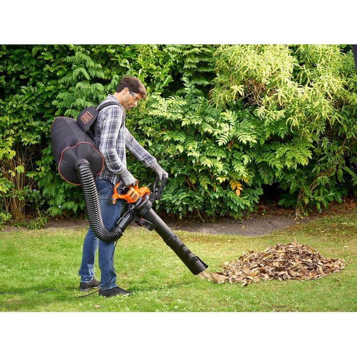 Black+Decker 3-in-1 Electric Leaf Blower/Vacuum BEBLV301 (3,000 Watts, with Shredder + attachable leaf rake, 72L collection bag backpack - high blowing speed & adjustable suction power)