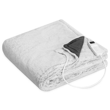 Електрична ковдра Navaris XXL з підігрівом 180x130 см, 3 режими, автовимкнення, пральна, м'яка, темно-сіра (сіра/біле штучне хутро)
