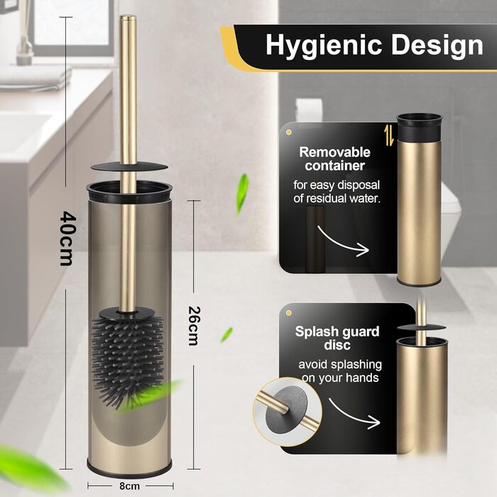 Підлогова щітка для унітазу DAZI з металевим покриттям, матова, з 2 довгими щітками для глибокого очищення, запобігає розбризкуванню та затримці води. (Бурштяне золото)