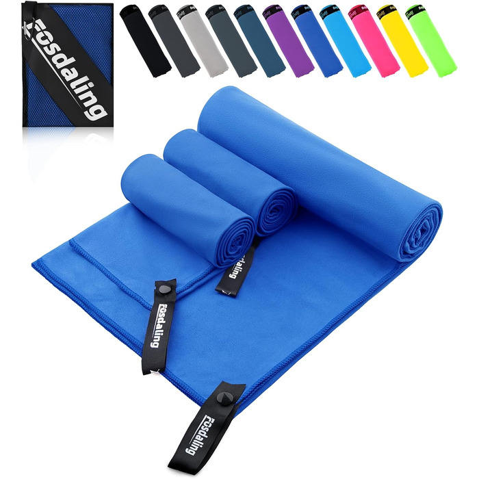 Набір з 3-х рушників з мікрофібри (великий 160x80 см та 2 маленькі 80x40 см), швидковисихаючі, для фітнесу та спорту, для пляжу, ванни, спорту та подорожей (Королівський синій)