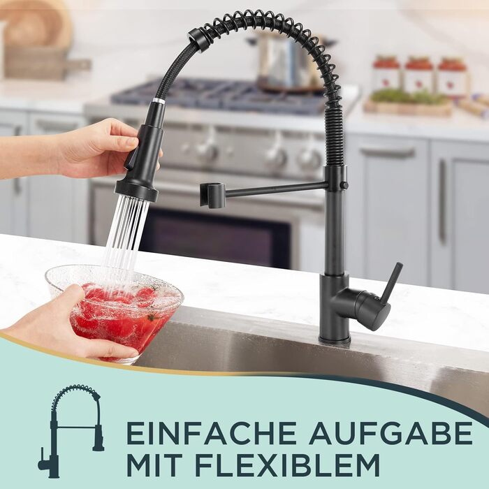Кран кухонний FORIOUS з високим виливом, душовий набір, змішувач для мийки, кухонні крани, поворотний на 360°, 2 режими розпилення, нержавіюча сталь, матовий чорний