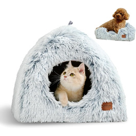 Cat Cave Cat Bed Cat House Cozy Cave 40x40cm Foldable Washable Comfortable Cat Sleeping Place for Cats Kittens Puppies with Removable Cat Head Pillow Beige (Gray-L)