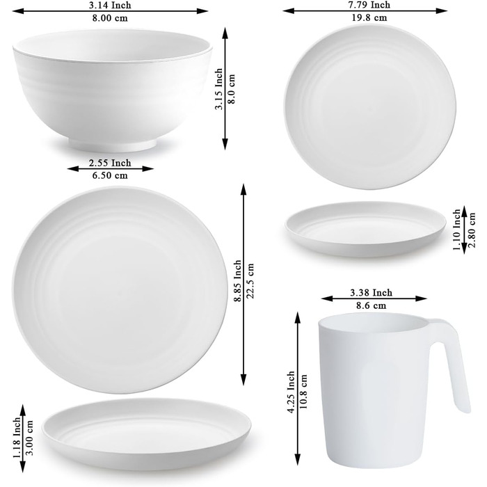 Набір посуду Berglander 24 шт. для 6 осіб: тарілки, миски, чашки (білий пластик)