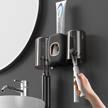 Настінний тримач для зубних щіток з автоматичним дозатором пасти, електричний для 4 щіток, 2 стаканчики, без свердління (чорний)