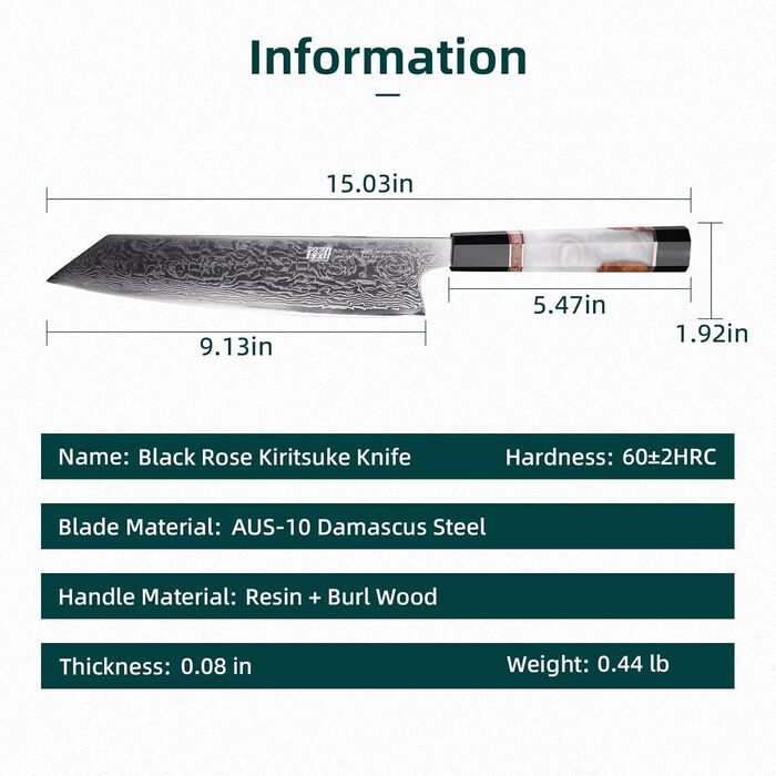 Японський ніж Kiritsuke FINDKING 9 дюймів, Дамаська сталь, для професійних та домашніх кухарів (серія BLACK-ROSE)