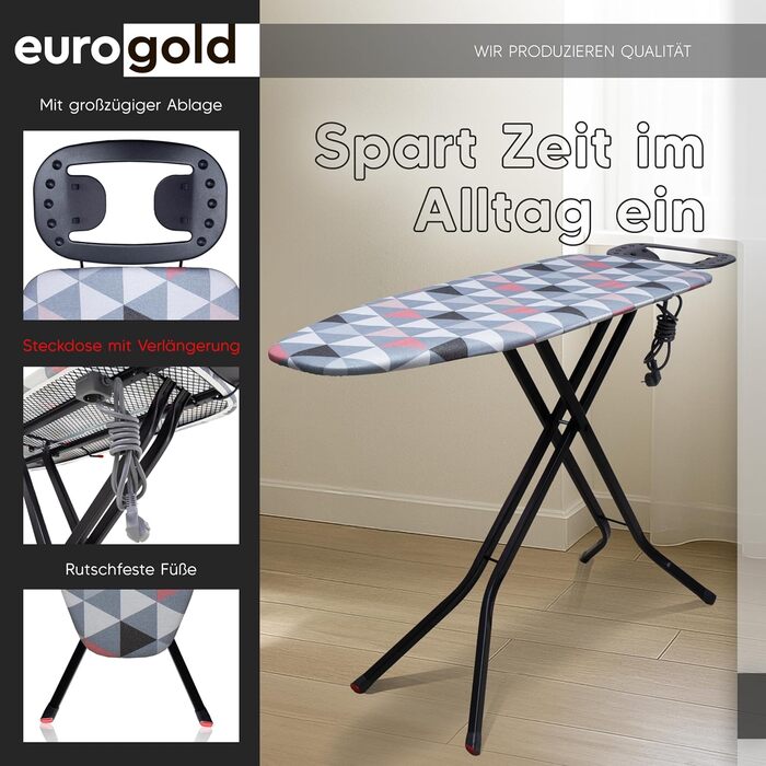 Прасувальна дошка EUROGOLD® Premium з турбо-покриттям 120x42 см - стабільна, регульована по висоті, з розеткою та антиковзними ніжками. Покриття з 100% бавовни (рожевий)