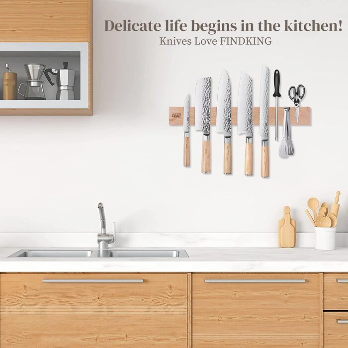 FINDKING Magnetic Knife Strips, Magnetic Utensil Holder for Wall, Refrigerator, Wood Shelf for Kitchen Knives, No Drilling (Beige, 18 inches, Without Knives)