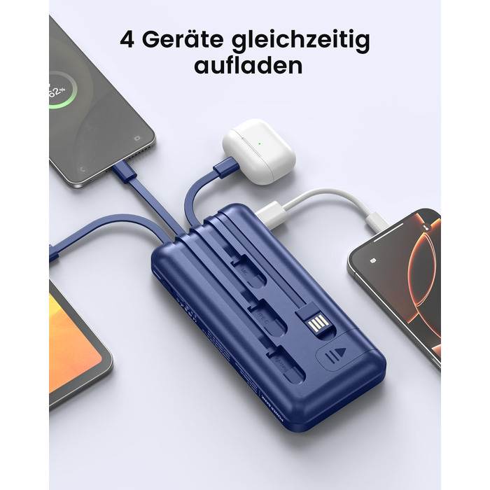 Powerbank 26800mAh з 4 вбудованими кабелями, 22.5W, LED дисплеєм та підставкою, блакитний. Сумісний з iPhone, iPad, Samsung Galaxy.