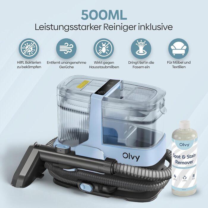 Olvy Teppichreiniger 2.0 - Потужний очищувач килимів з 17000 Па, шлангом 1.6м, кабелем 4м, функцією самоочищення та 500мл миючого засобу - для килимів, диванів, матраців та авто