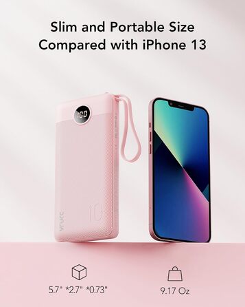 Powerbank VRURC 10000mAh з кабелем: портативний зарядний пристрій USB-C з LED дисплеєм та 5 виходами для iPhone, Huawei, Samsung та інших смартфонів - Рожевий