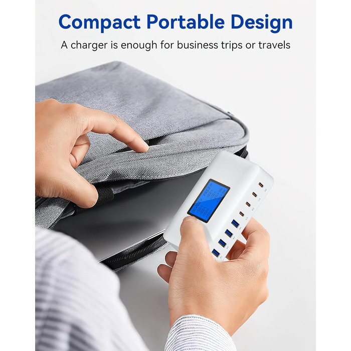 Зарядний пристрій USB-C 200W, 8 портів, LCD-дисплей, PD 65W для MacBook, iPad, iPhone 16/15/14/13 Pro/Max, Samsung S24/S23 - Чорний