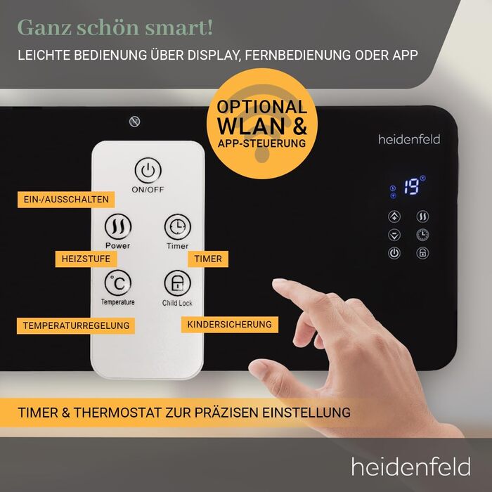 Конвектор опалення Heidenfeld GK200: скляний нагрівач 2000 Вт, гарантія 3 роки, до 40 м²