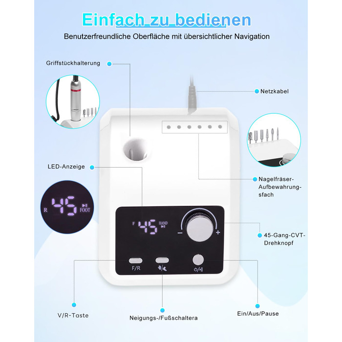 Електрична машинка для манікюру та педикюру CozyZen Professional: 45000 об/хв, LCD-дисплей, керування рукою/ногою, тиха робота, для акрилу та гелю, білий