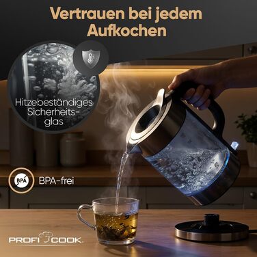 Скляний електрочайник ProfiCook PC WKS 1322, 1.7л, 2200Вт, з підсвіткою та корпусом із темної нержавіючої сталі Dark-inox
