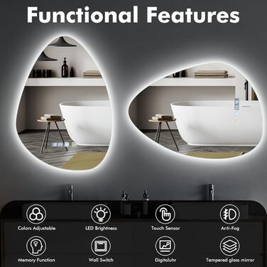 Круглий дзеркало для ванної кімнати з LED-підсвічуванням, 60 см, функція запобігання запотіванню, сенсорне управління & Bluetooth, регулювання яскравості, 3000K/4000K/6500K, HD-загартоване скло, дзеркало для ванної кімнати зі світлом (500*700 мм - крапель