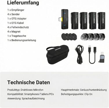 NEEWER Бездротовий петличний мікрофон KM23C: 48kHz/24Bit, 8 годин роботи, шумозаглушення, USB-C, сумісний з DJI, Insta360, iPhone, Android, PC
