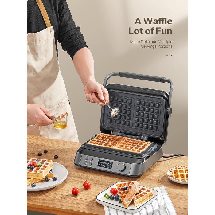 1600W Belgian Waffle Maker - 5 Programs, 7 Browning Levels, LCD Display, Timer, Stainless Steel
