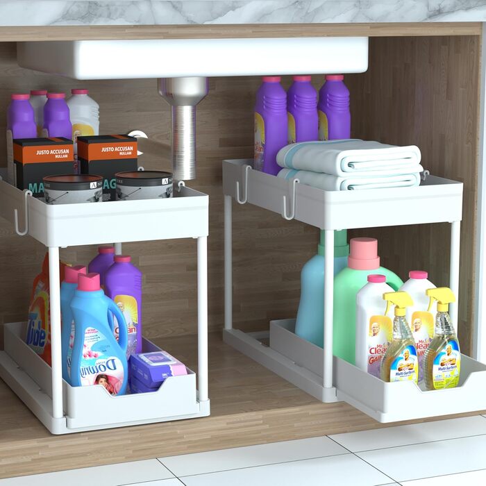 DEKAVA Kitchen Organizer, 2 Under Sink Shelf, Closet Kitchen Organizer with 4 Hooks, Closet Basket for Kitchen, Bathroom, Cleaning Supplies, Detergent (White/Opulent Garden)