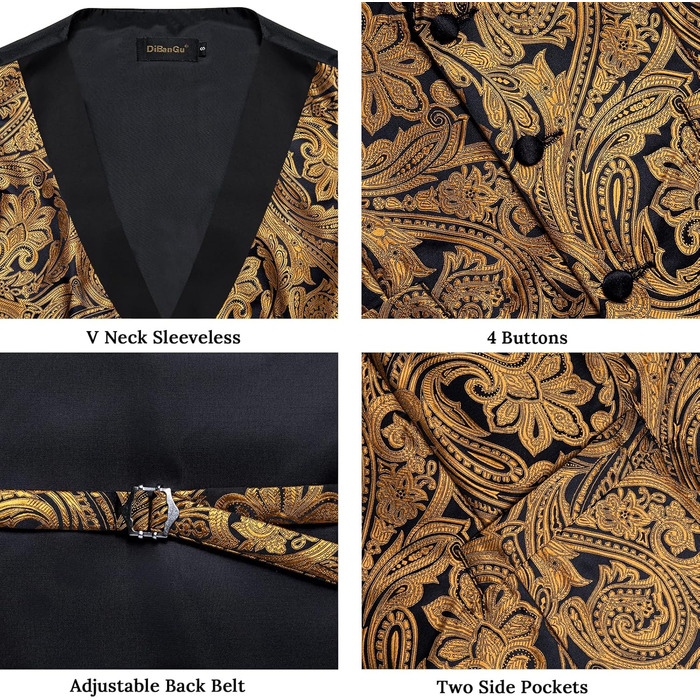 Костюм-жилет DiBanGu для чоловіків, шовковий жаккард, жилет та краватка, комплект з жабо, для смокінгу, весілля, свят, 7 предметів, золото та чорний