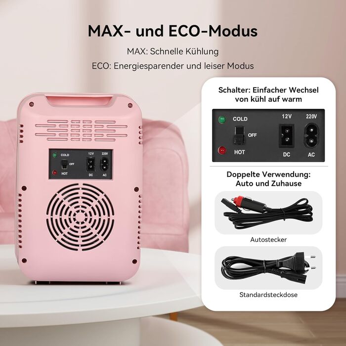Міні-холодильник для косметики YUSING 4л з LED дзеркалом та підсвіткою, 12V/220V, функція охолодження/нагрівання для авто, офісу, спальні, чорний (Рожевий 1.4л з LED дзеркалом)