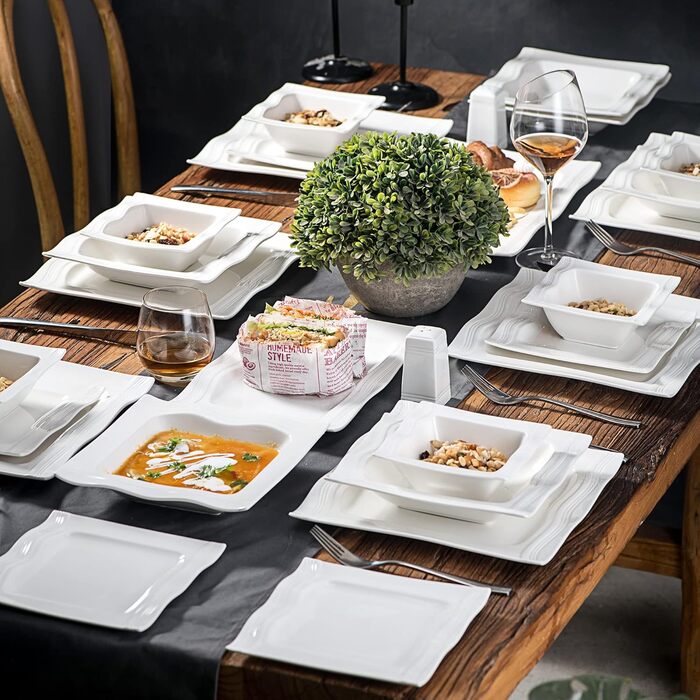 MALACASA, Mario Series, 28-piece porcelain dinnerware set consisting of 6 bowls, 6 dessert plates, 6 soup plates, 6 dinner plates, 2 rectangular platters, and 2 salt and pepper shakers.