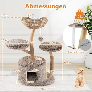 Дерев'яна кігтеточка для котів Costway 90 см з 3 м'якими місцями для відпочинку, канатом та кігтечильною колоною з джуту, 3-ярусна, з печею, білий + натуральний колір