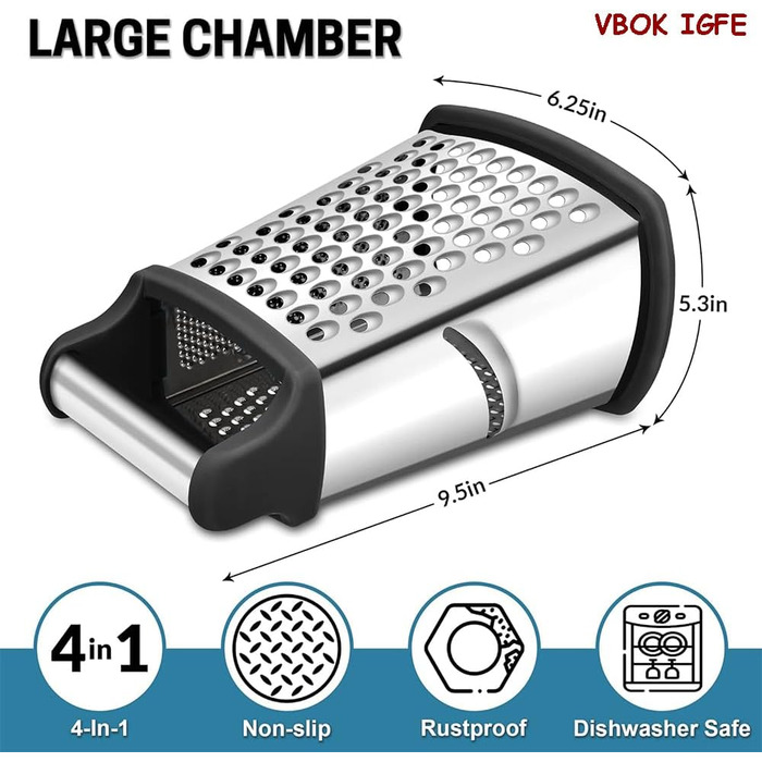 Нержавійна тертка з 4 сторонами для кухні: грубе та дрібне тертя, для овочів, фруктів, сиру, придатна для миття в посудомийній машині (чорний)
