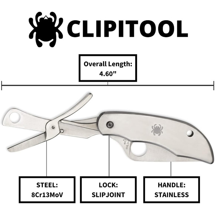 Ніж складаний Spyderco ClipiTool з ножицями, нержавіюча сталь, металевий корпус