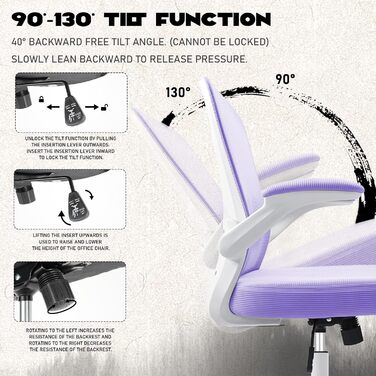 Ергономічне крісло для офісу з підйомними підлокітниками, регульованою підтримкою попереку, регульованою висотою поворотного сидіння та спинкою з сіткою, що нахиляється до 130°, (фіолетовий)