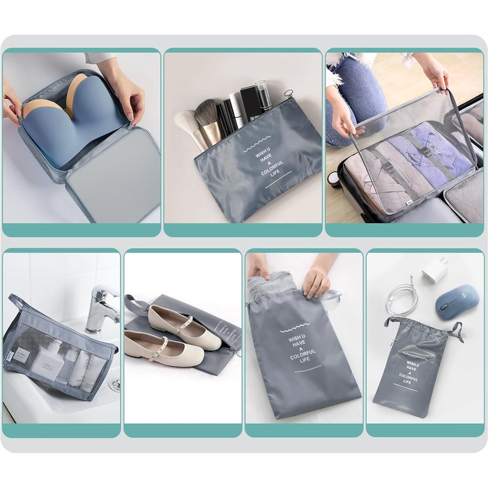 Органайзер для валізи OBSGUMU, набір 9 шт: кубики для пакування, сумки для подорожей, косметичка (сірий)