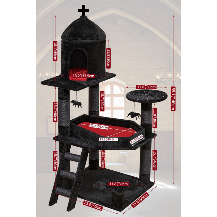 Large Gothic Scratching Post, 140 cm tall, Scratching Post for Large Cats, Stable, XXL Cat Tree with 6 Thick Scratching Pillars, Spider Hanging Ball, Sargbett Platforms, Cave, Black Cat Tower Halloween