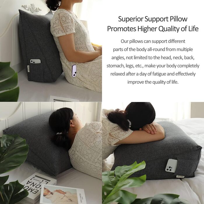 Підголовник для спини Johnear: трикутна подушка для ліжка, дивана, читання (сірий, 45x20x35 см)