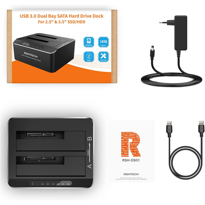 Док-станція для жорстких дисків RSHTECH з двома відсіками, USB 3.0, алюміній, підтримка 2.5/3.5