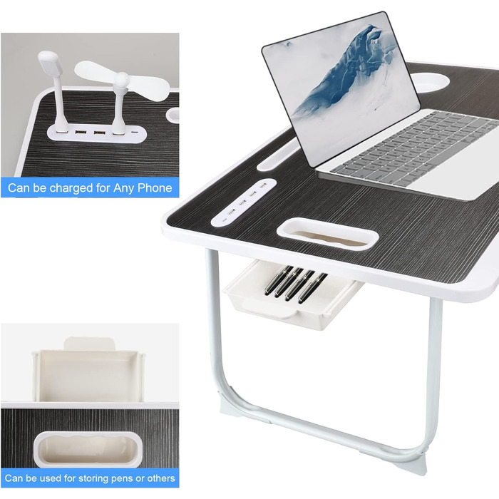 Стіл для ноутбука в ліжко, складний з USB, ручка, кишеня для карток, тримач для напоїв, висувна шухляда, портативний стіл для їжі, читання та роботи в ліжку (Чорний)