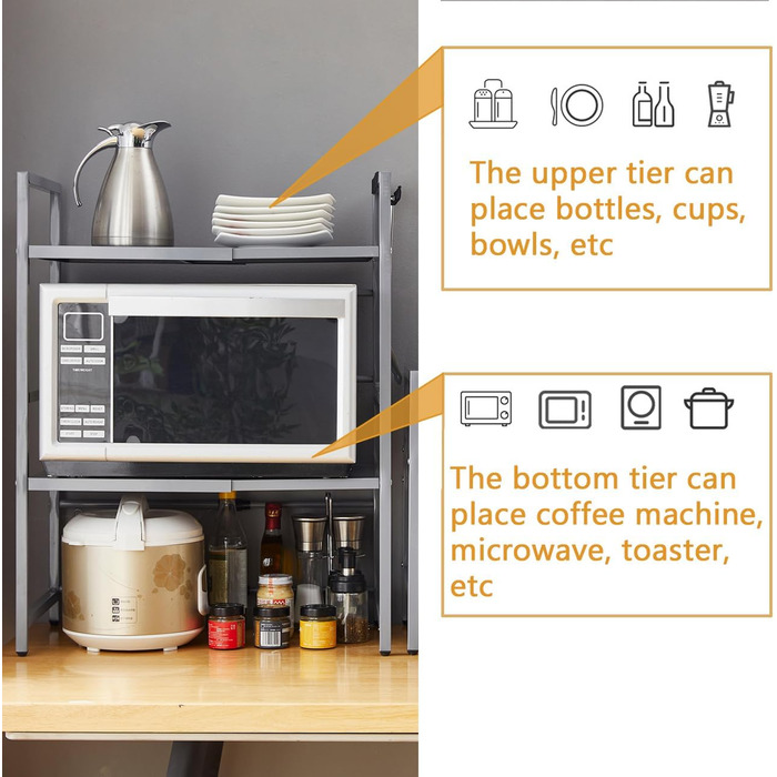 Розширювана полиця для мікрохвильової печі, робоча поверхня над мікрохвильовкою, підставка, органайзер для фритюрниці, економія місця, стояча, полиці пекаря (Чорний/3 (Сірий / 3-ярусна))