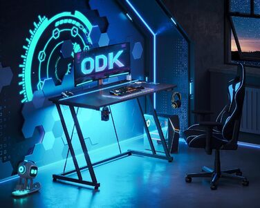 Ігровий стіл ODK з LED-підсвіткою та розеткою, комп'ютерний стіл 120 см, карбонове волокно, чорний, з підстаканником і гачком для навушників, подвійна Z-рама