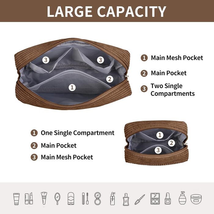 Косметичка MAGEFY: компактна, з відділеннями, з корду, для подорожей, коричнева