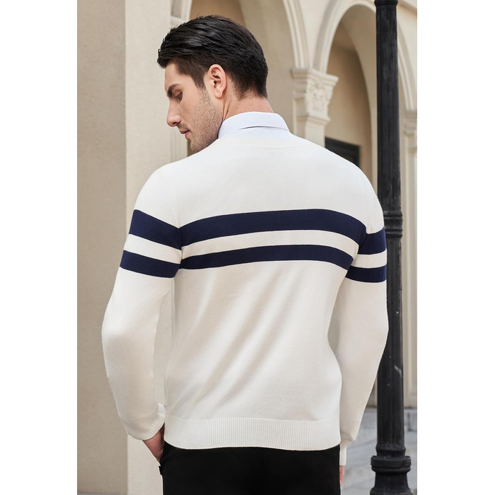 Чоловічий в'язаний кардиган KUYIGO з V-подібним вирізом, ґудзиками, довгим рукавом, легкий, м'який, з вовняної суміші, з кишенями, смугастий (XXL, XXXL, білий/блакитний)