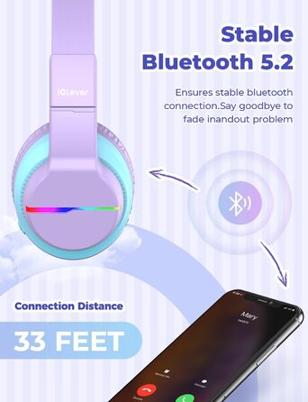 iClever Бездротові навушники для дітей з LED-підсвічуванням, Over-Ear, Bluetooth 5.2, мікрофон, BTH12, фіолетовий