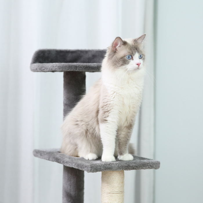 PawHut стабільний котячий комплекс, вантажопідйомність 15 кг, котяча драбина з 3 ступенів, бежевий, сірий, 48,5 x 48,5 x 100 см | Aosom