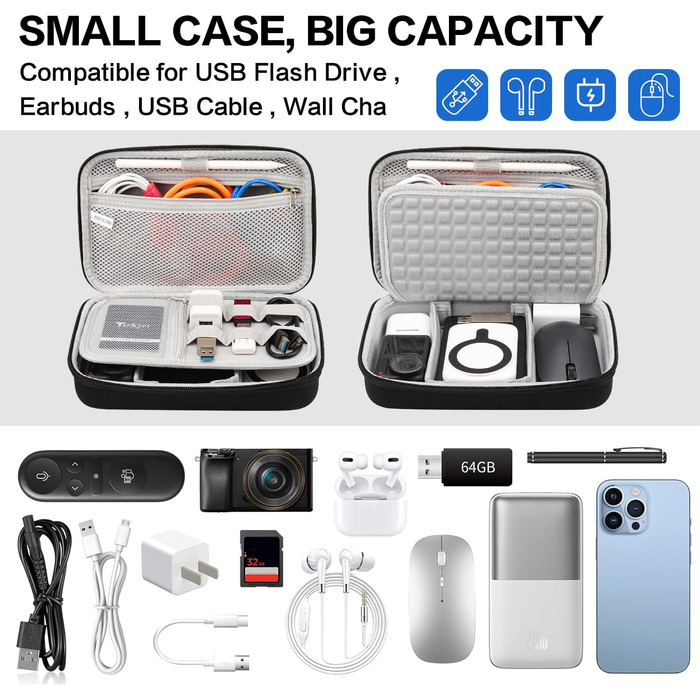 Органайзер для кабелів Teskyer, чорний, жорсткий кейс, водонепроникний, 14 x 22 x 6,5 см