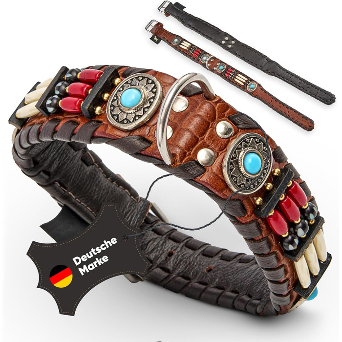 Ошийник для собак MICHUR Carlota, шкіряний, коричневий, з бірюзовими каменями, різні розміри (24-28,5 см)