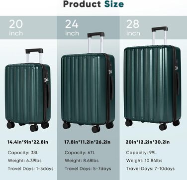 Шкільний набір валіз SHOWKOO 2 шт. з жорстким корпусом 65см+75см, розширюваний, ультралегкий, полікарбонат, з TSA замком та 4 колесами (Темно-зелений, L+XL/65CM+75CM)