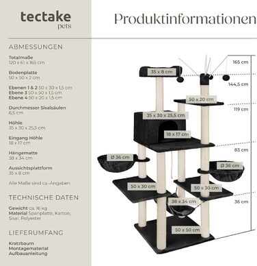 Тектейк® XXL Драбина-кіготь для котів, велика, з аксесуарами: лежанки, гамак, будиночок, іграшки, мотузка з сизалю, ствол для шліфування, кіготь для котів, драбина-кіготь для котів. Висота приблизно 165 см - сірий (Чорний | № 402933)