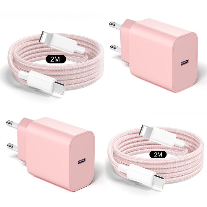 Зарядний пристрій 20W USB-C з кабелем Lightning для iPhone 14/13/12/11/X/XR/XS/Mini/SE - 2 шт, Рожевий