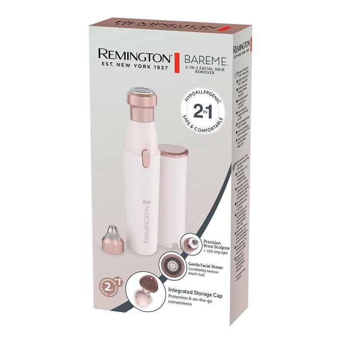 Електричний пристрій для видалення волосся Remington BareMe WFS200: 2-в-1 (рашер та тример для брів), для обличчя (верхня губа, підборіддя, щоки), водостійкий, з LED-підсвічуванням, USB-C, щітка, захисна кришка