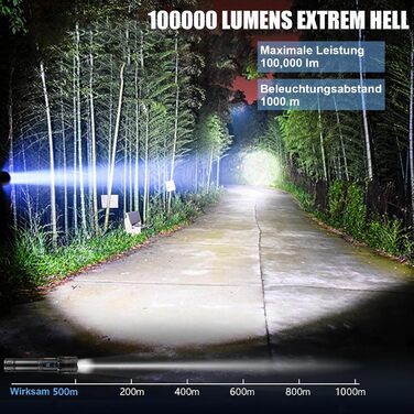 Ліхтарик LED акумуляторний 100000 люменів, надяскравий тактичний з фокусуванням, 7 режимів світла, водонепроникний, для кемпінгу, риболовлі, туризму, надзвичайних ситуацій