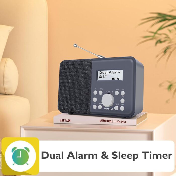 Портативне радіо MD3 DAB/DAB+/FM з Bluetooth, динамік, навушники, 40 станцій, годинник, будильник, таймер, кольоровий дисплей, акумулятор/мережа (Чорний/Сірий)